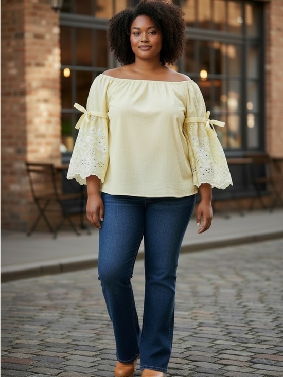 Fever Tops - Fever Boho Peasant Blouse with Embroidered Bell Sleeves Yellow White Striped L